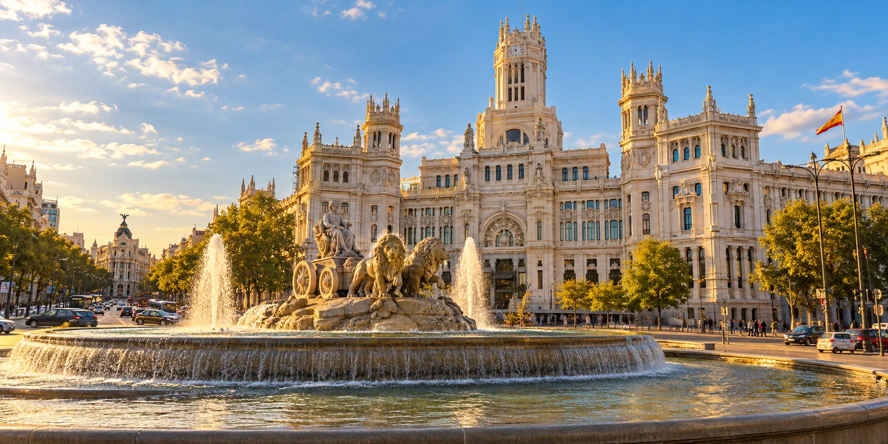 Imagen ilustrativa de la Plaza de Cibeles, su fuente y el Palacio de Cibeles en Madrid.