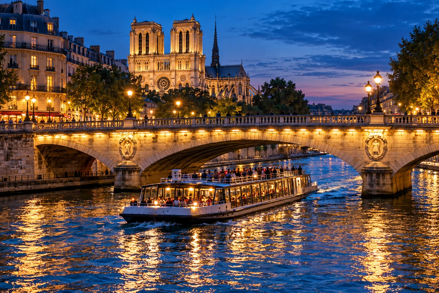 Imagen ilustrativa de un crucero turístico por el Sena al anochecer, junto a Notre-Dame.